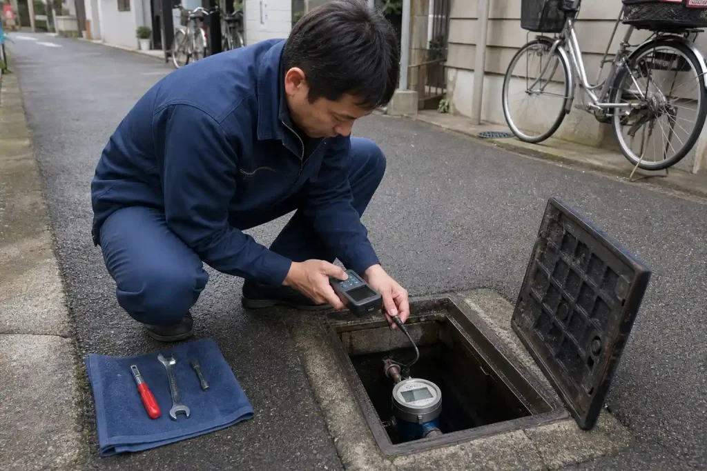 Tekniker läser av en digital vattenmätare i en gatubrunn, ett exempel på vad en smart vattenmätare är.